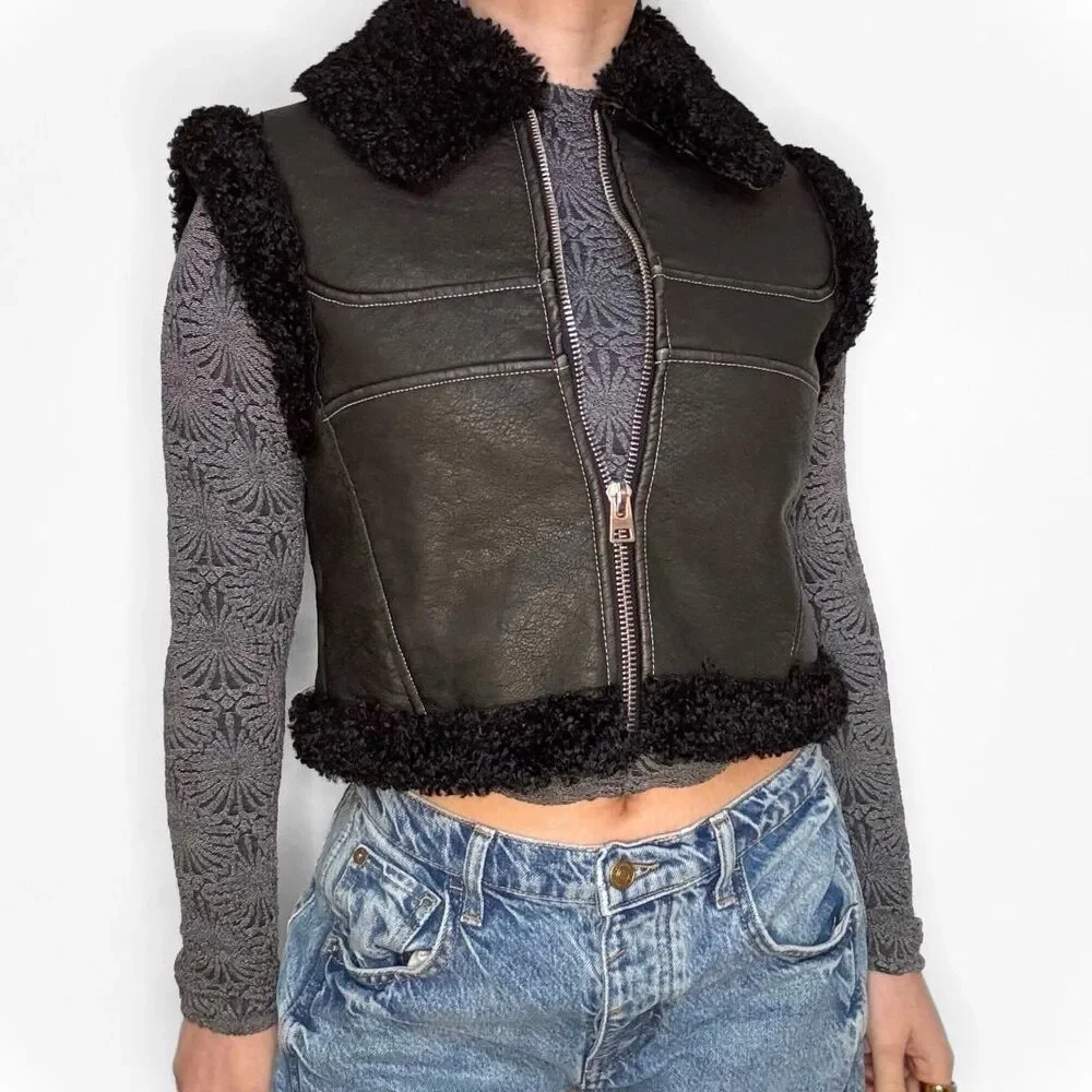 BDG /Urban Outfitters Donald Faux Leather Sherpa Moto Vest NWOT Size S-P Black